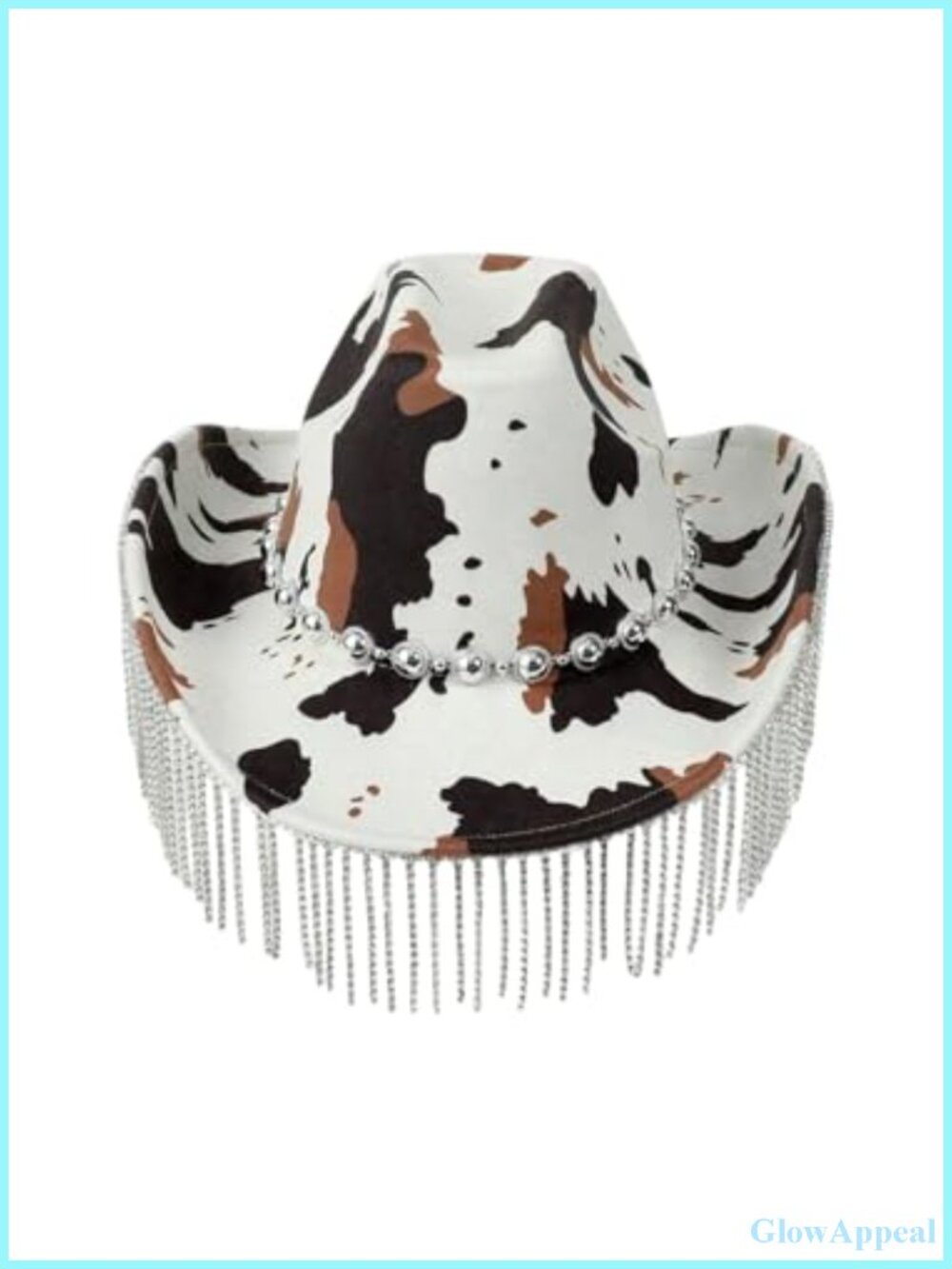 Y2K Cow Print Wide Brim Fringe Hat with Metal Chain